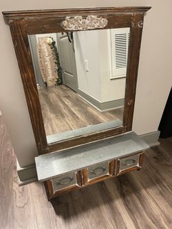 Rustic Mirror with Shelf, Drawers and Hooks