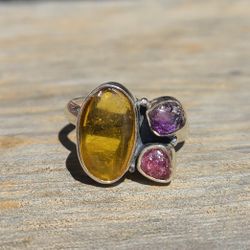 Baltic Amber, Amethyst (Rough) & Pink Tourmaline (Rough) 925 Ring