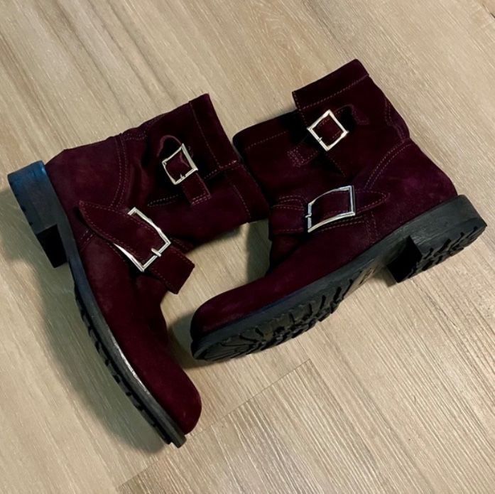 Jimmy Choo Burgundy Suede Biker Youth Short Motorcycle Boot