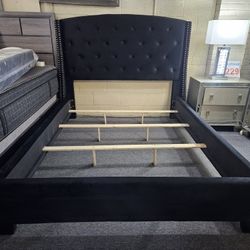 Brand New Black Velvet Standard King Bedframe With Nailhead Trimming