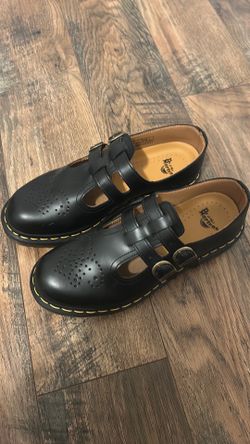 Dr. Martens Black Leather Mary Jane Shoes with Yellow Stitching