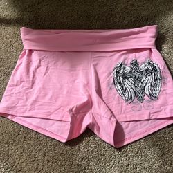 Pink Fold over Rhinestone Angel Wings Shorts