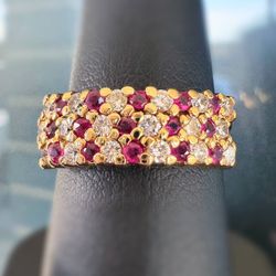 14k yellow gold Pave 0.3CTW Natural Diamond & 0.2CTW Ruby 3 row anniversary band ring sz6