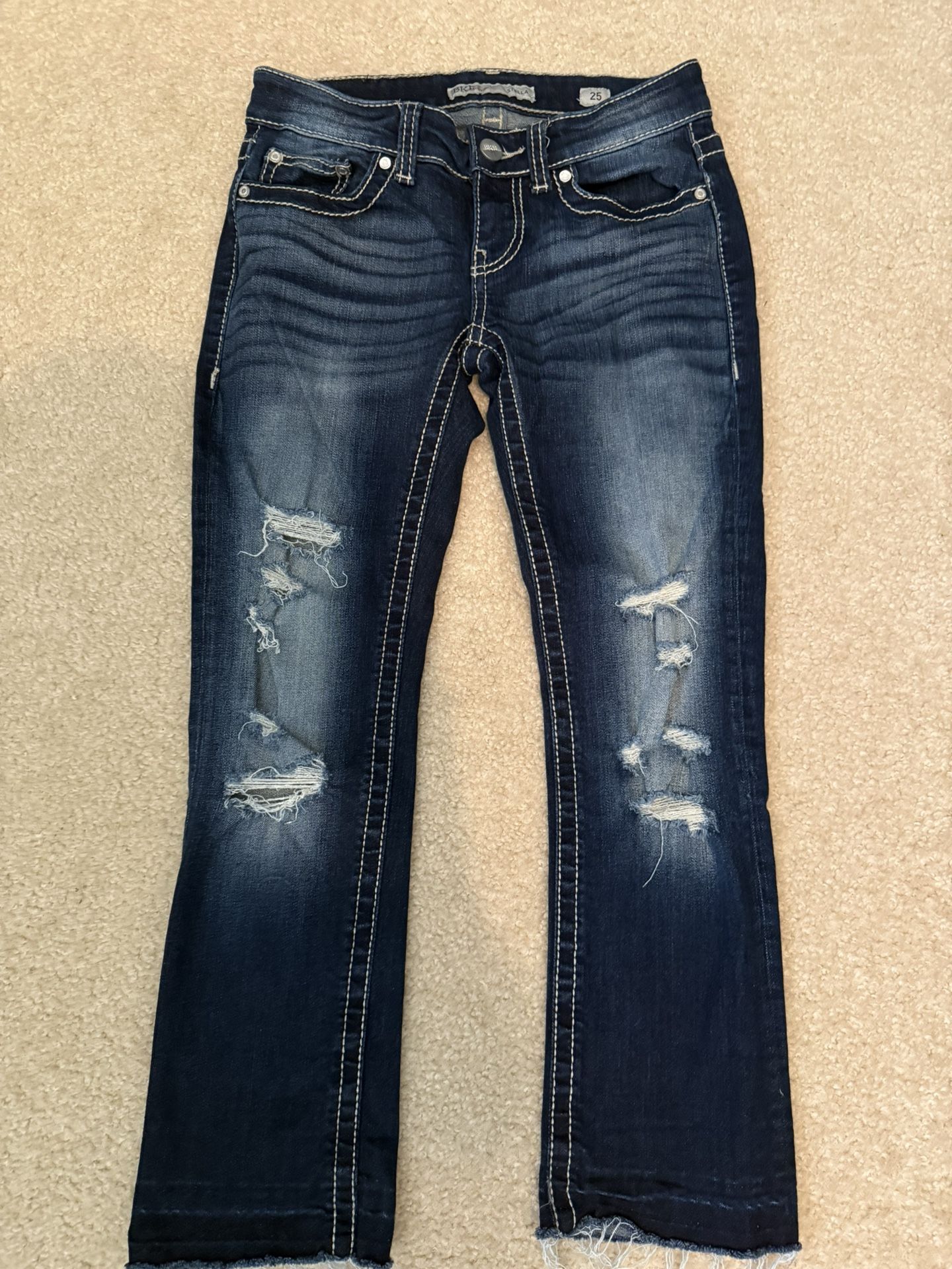 BKE Distressed Blue Cropped Cut Jeans with Distressed Details