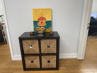 four drawer table with basket shelves