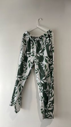 Green Leaf Print Elastic Waist Pants