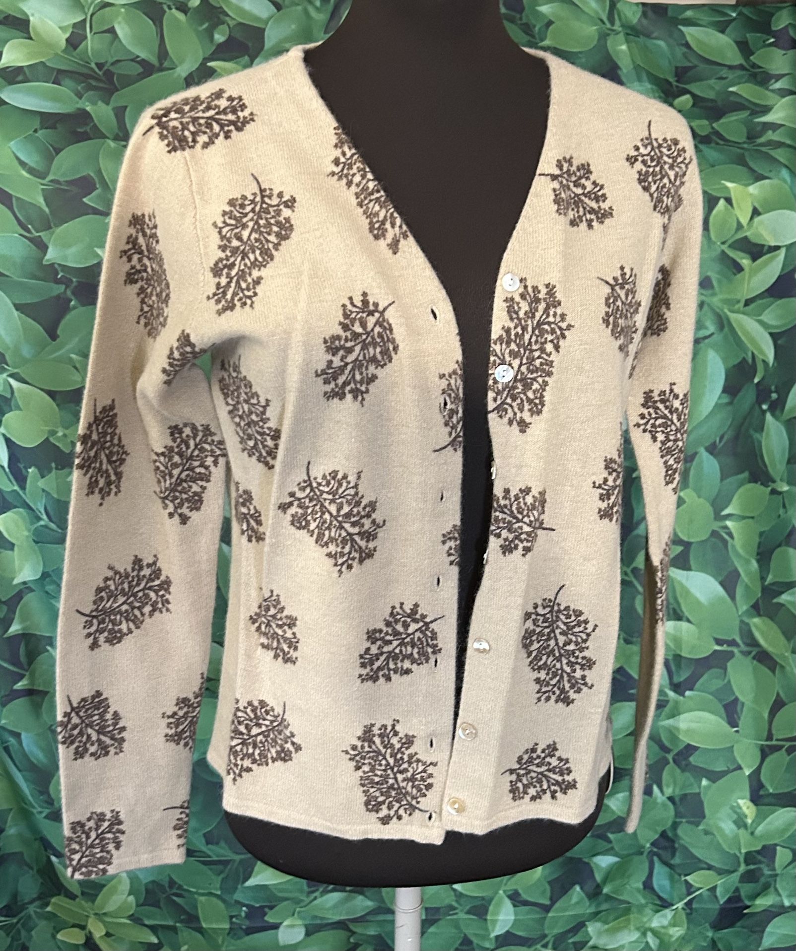 Carole Little Womens Cardigan Sweater Size Small Tan With Brown Floral Pattern