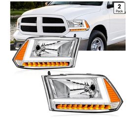 LED DRL Headlights Assembly for 2009-2018 Dodge Ram 1(contact info removed),(Require H4 Dual-Filament Bulbs) Amber Reflector Chrome Housing