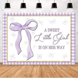 Sweet Baby Girl Backdrop It's a Girl Baby Shower Background A Sweet Little Girl is on Her Way Decorations Banner Purple and White Checkered Bow Girl P