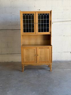 Vintage Danish Oak Hutch Cabinet by Henning Kjærnulf Leaded Glass Bookcase