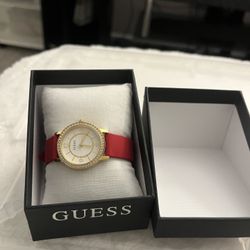 GUESS Gold Tone Watch with Red Strap and Crystal Accents