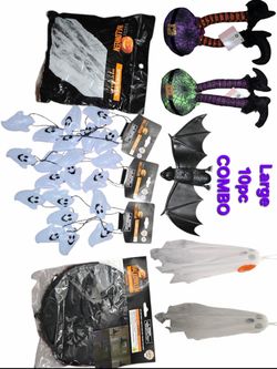 LARGE Halloween Décor Combo - Bat, Ghosts & Witch Legs, String Lights & Necklace