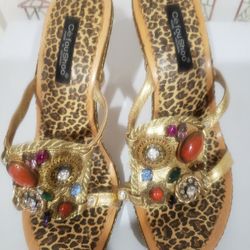 CE'FOU SHOO HIGH HEEL WOMEN'S SANDALS GOLD STAPES/MULTICOLORED RHINESTONES. 