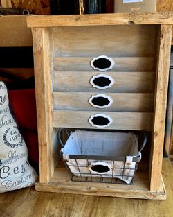 Handmade mail holder with blackboard tags And accent basket