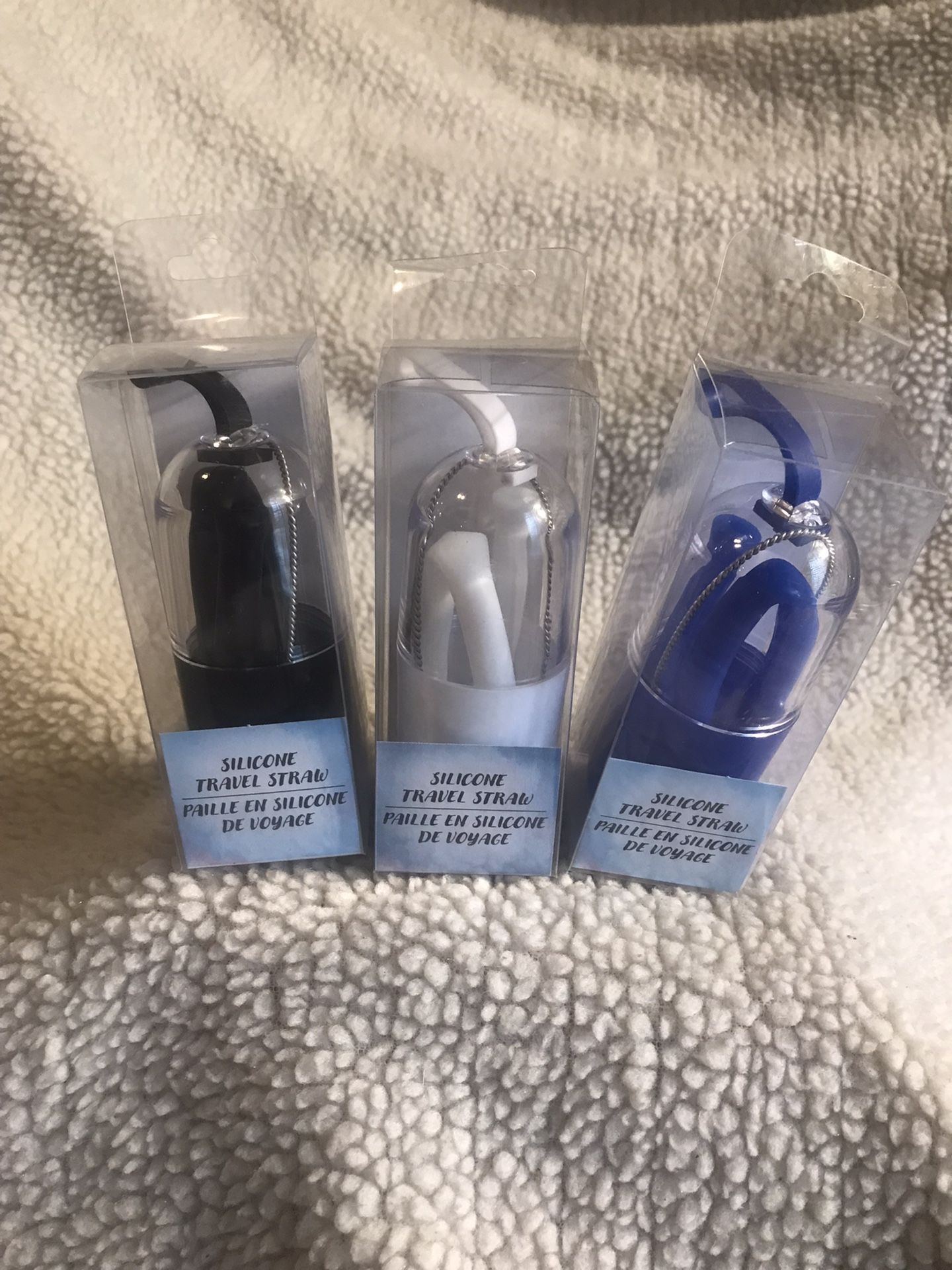 3 Lot Reusable Silicons Travel Straws w/ Case, Cleaning Brush, Blue, Black & White