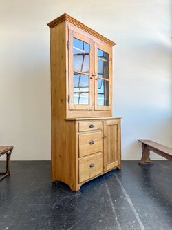 Antique Danish Pine Glass-Front Cabinet / Hutch