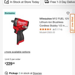 Milwaukee M12 FUEL 12V Lithium-lon Brushless Cordless Stubby 1/2 in