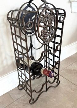 Decorative Wrought Iron Wine Rack with Grape Cluster Motif, Holds 4 Bottles