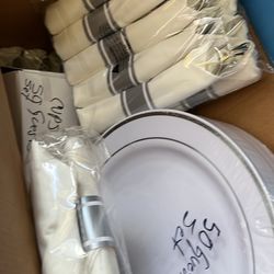 50 GUESTS DINNER WARE PARTY SET DINNER PLATES DESSERT PLATES PLASTIC CUPS PREROLLED NAPKINS AND SILVERWARE JUEGO DE DESECHABLES GRUESOS PARA 50 invita