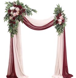 Floroom Arch Flowers With Drapes Kit (Pack Of 4) - 2pcs Artificial Burgundy & Blush Floral Swag Arrangement With 2pcs Draping Fabric For Wedding Cerem