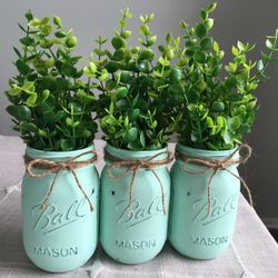 Chalk Painted & Distressed Mason Jar Vases 3 For $18