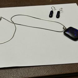 Blue Glass Pendant, Necklace, And Earrings