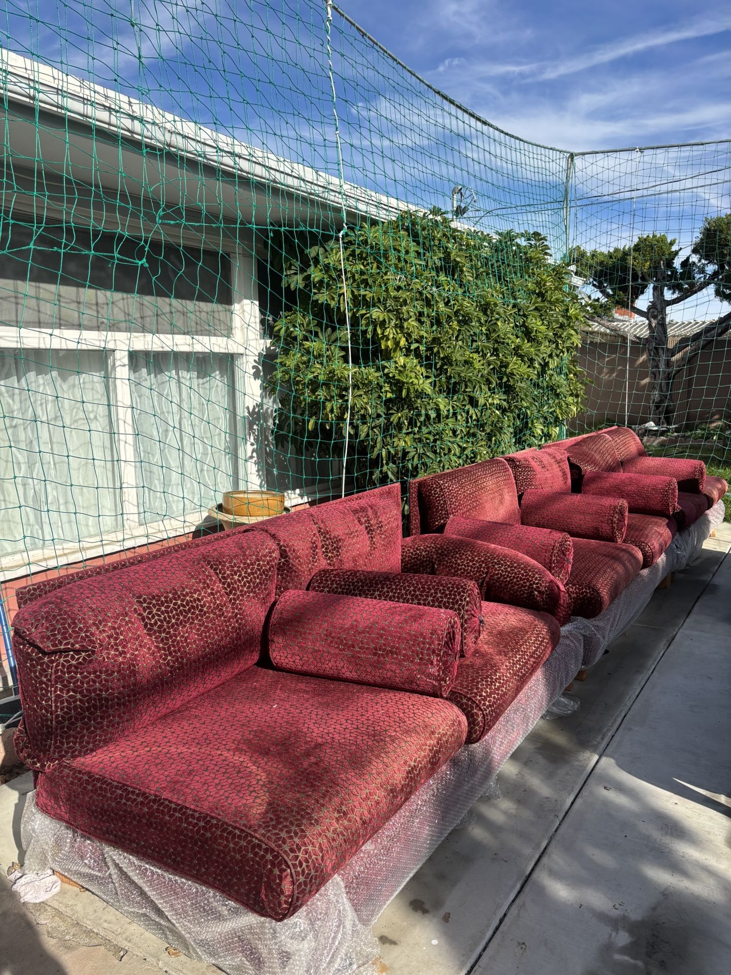 Elegant Moroccan-Style Maroon Sofa Set w/ Bolster Pillows – 6-Piece Seating