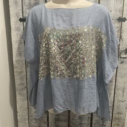 Tamsy Sequins Light Blue One Size Tunic Top Blouse
