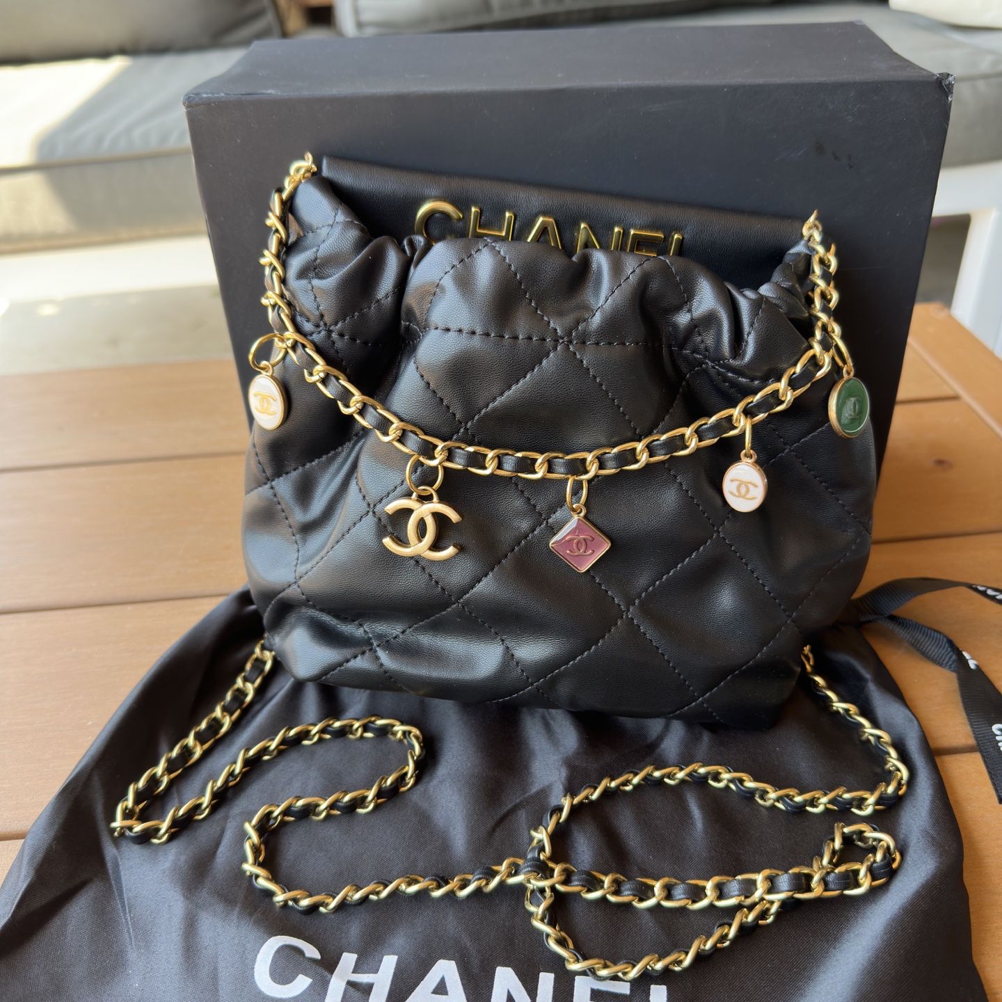 Vintage CHANEL Black Leather Drawstring Bag / Bucket Bag / Shoulder Bag  With Chain Strap