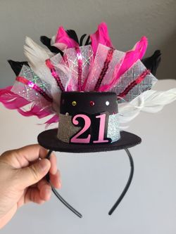 "21st Birthday Mini Top Hat Headband Fascinator - Pink/Black"