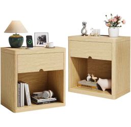 Night Stand Set 2 with Storage Drawer & Open Shelves, 24" Round Bedside Table Nightstand with Curved Top Corners for Bedroom Living Room Sofa Office, 