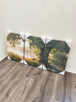 Nature Canvas Wall Art Set 3 Panels Forest Lake Scene