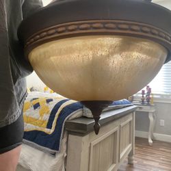 Vintage Bronze Hanging Light Fixture – Frosted Amber Glass Bowl