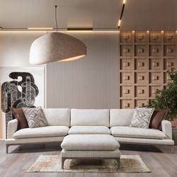 Ivory Linen 3-Piece Curved 126" Sectional with Ottoman