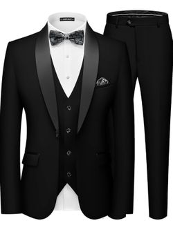 MAGE MALE Men's Slim Fit 3 Piece Suit One Button Solid Shawl Lapel Blazer Jacket Vest Pants Set with Tie Pocket Square Size M