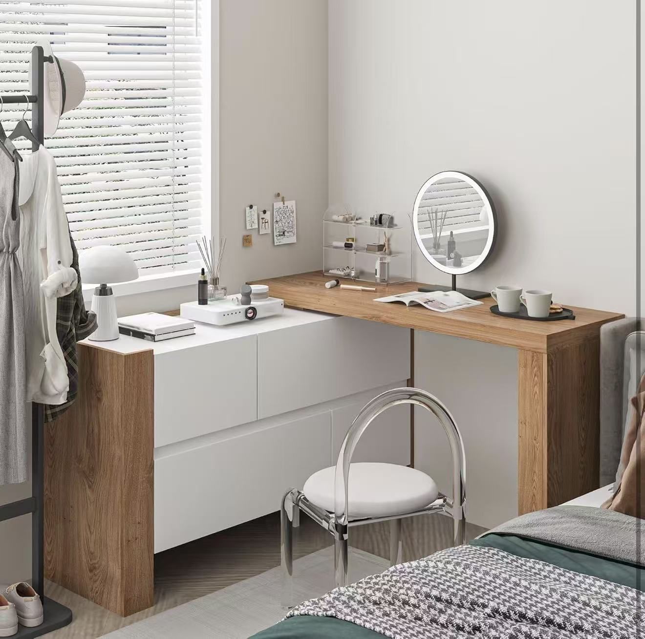 2 in 1 Vanity Desk, Shape Adjustable Vanity Table with L-Shaped Desk $140