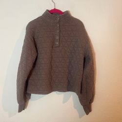 Brown Quilted Button-Neck Pullover Sweatshirt