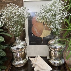 Mercury Glass Silver Gold Floral Etched Vase Decor Accent Rounded Boho Coastal Distressed