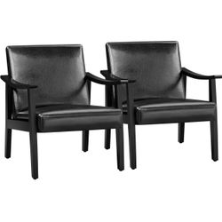 PU Leather Accent Chair, Mid-Century Modern Armchair with Solid Wood Legs, Reading Leisure Chair with High Back for Living Room Bedroom Waiting Room,
