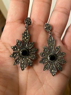 Real silver vintage earrings onyx black stone