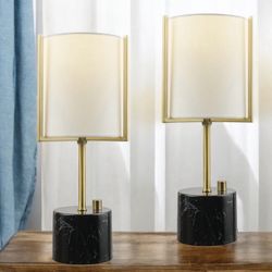 Set Of 2  15" Table Lamps Matte Brass, Black Faux Marble Base White Linen Shade