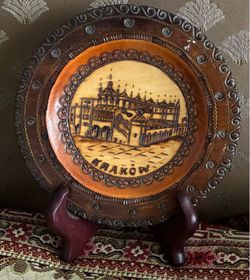 Vintage Krakow Poland Pyrography Wooden Decorative Plate with holder
