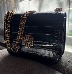 Tory Burch Black Croc-Embossed Chain Shoulder Bag