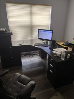L shape dark brown wood desk