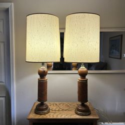 Set Of 2 Vintage Lamps, Wood/Leather
