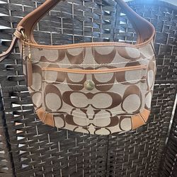 Coach Beige Brown Logo Shoulder Bag Leather Trim Zip Button Inner Pockets