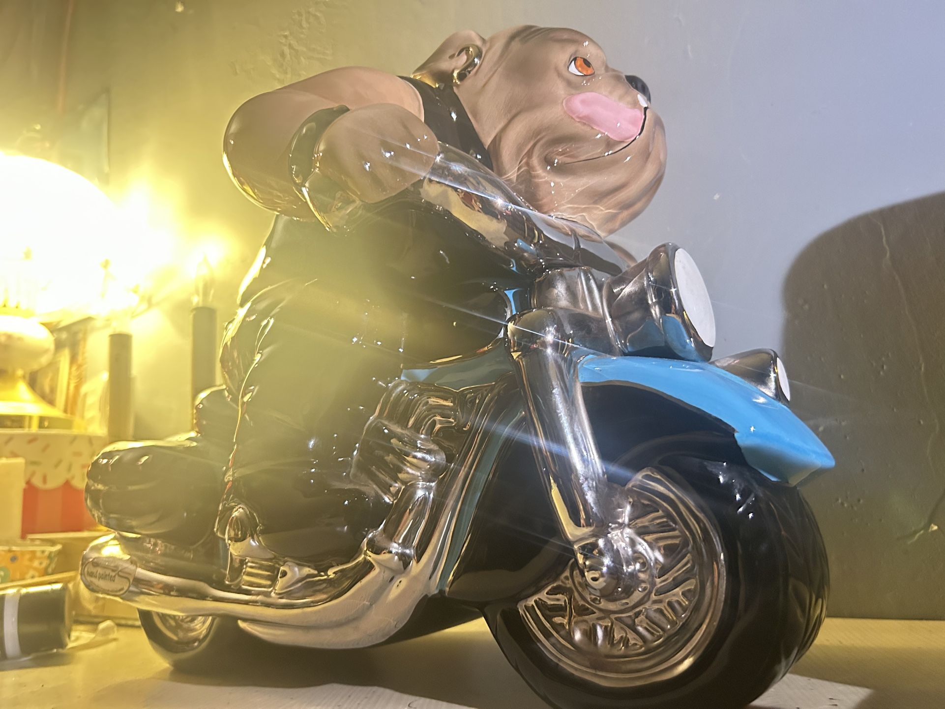 VTG Clay Art COOKIE JAR BULL DOG BIKE DUDE 