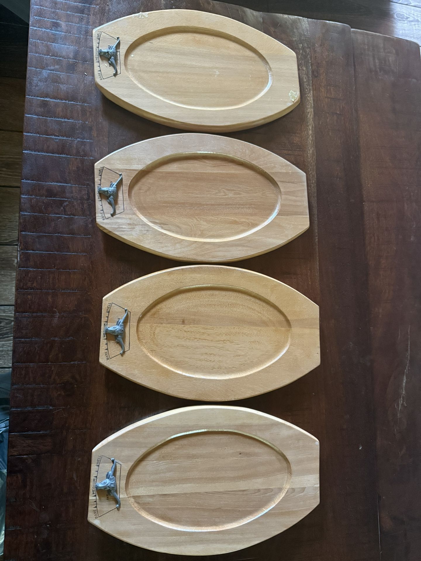4 Vintage Longhorn Wooden Trays With Metal Sizzler Steak Platters