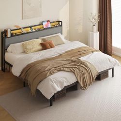 California King Bed Frame with Storage Headboard & LED Lights, Metal Platform Bed with Charging Station, Noise Free, No Box Spring Needed, Under Bed S