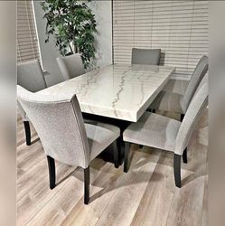 7PC Marble top Dining table set Gray chairs
